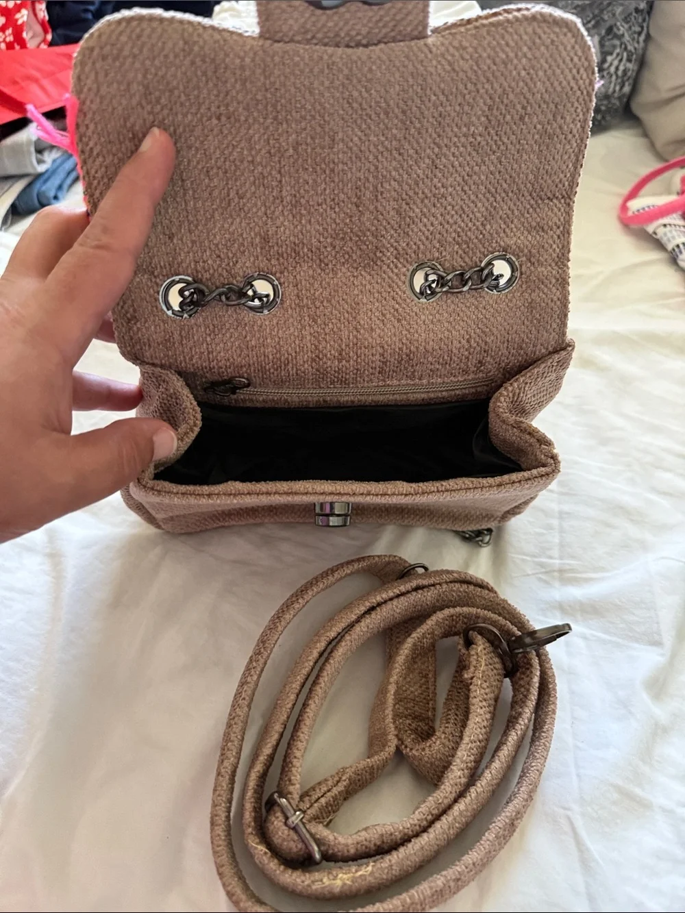 Woven Fringe Crossbody Bag in Brown with Pink Accent